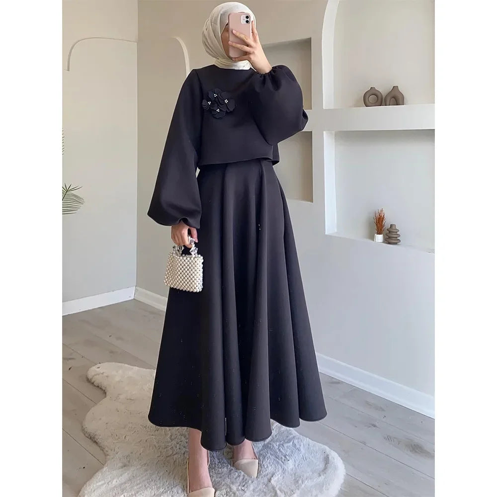 Elegant 2 Piece Skirt Set – Lantern Sleeve Top