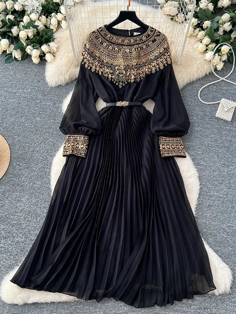 Elegant Sequin Long Sleeve Pleated Maxi Dress