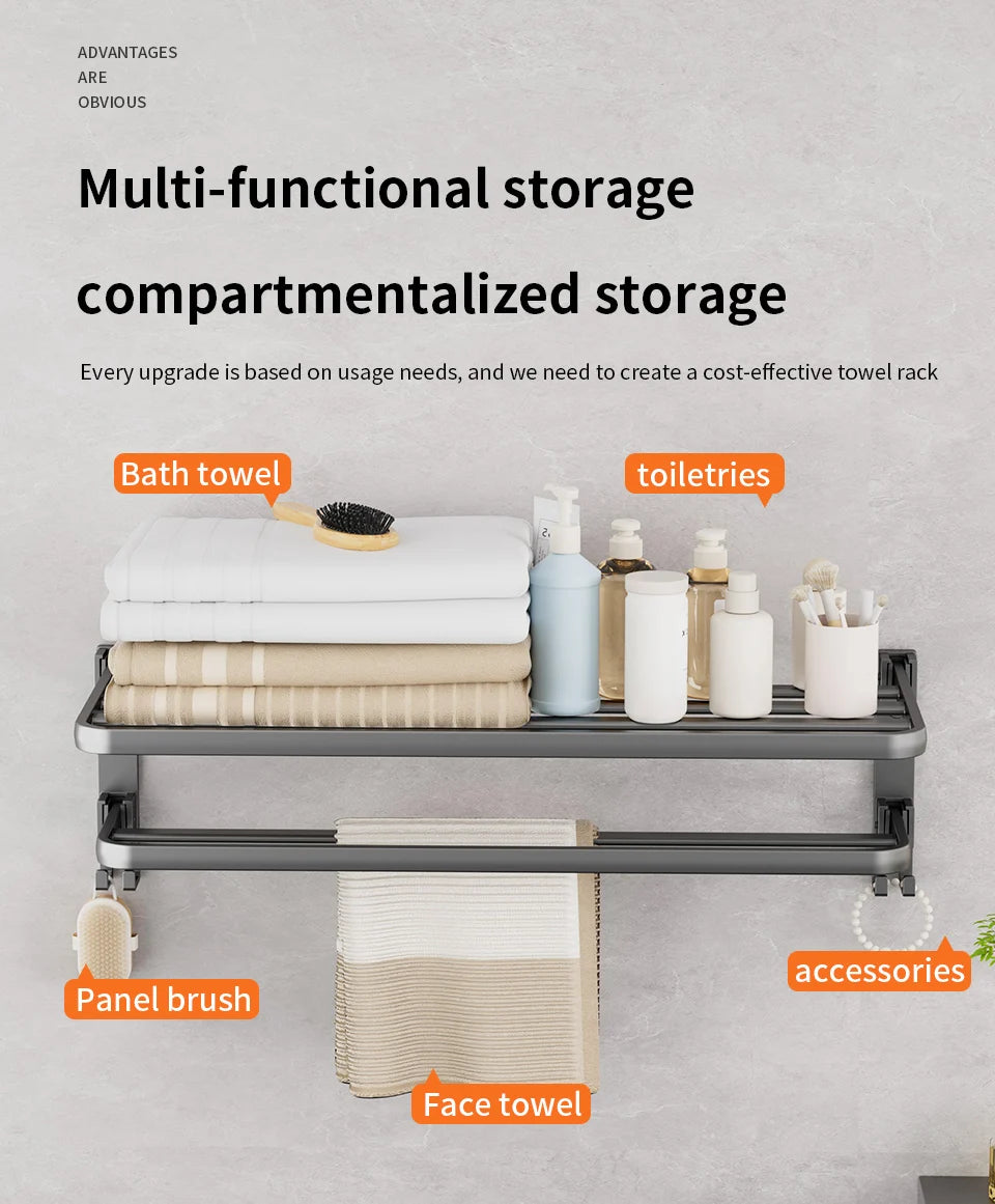 Matte Black Folding Towel Rack with Hook – 50cm