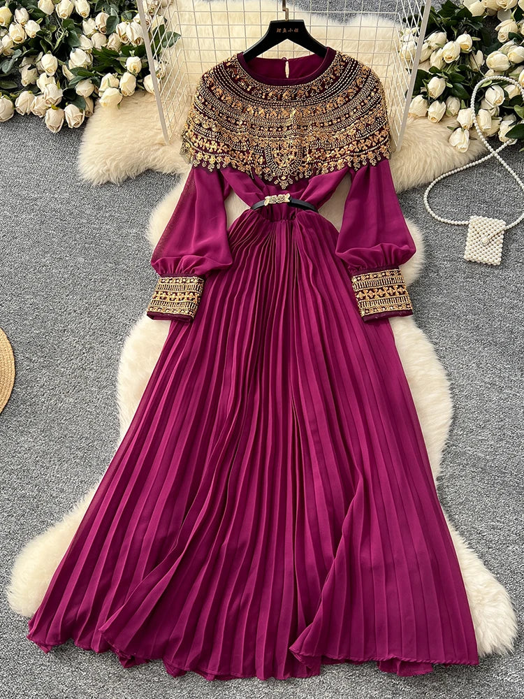 Elegant Sequin Long Sleeve Pleated Maxi Dress