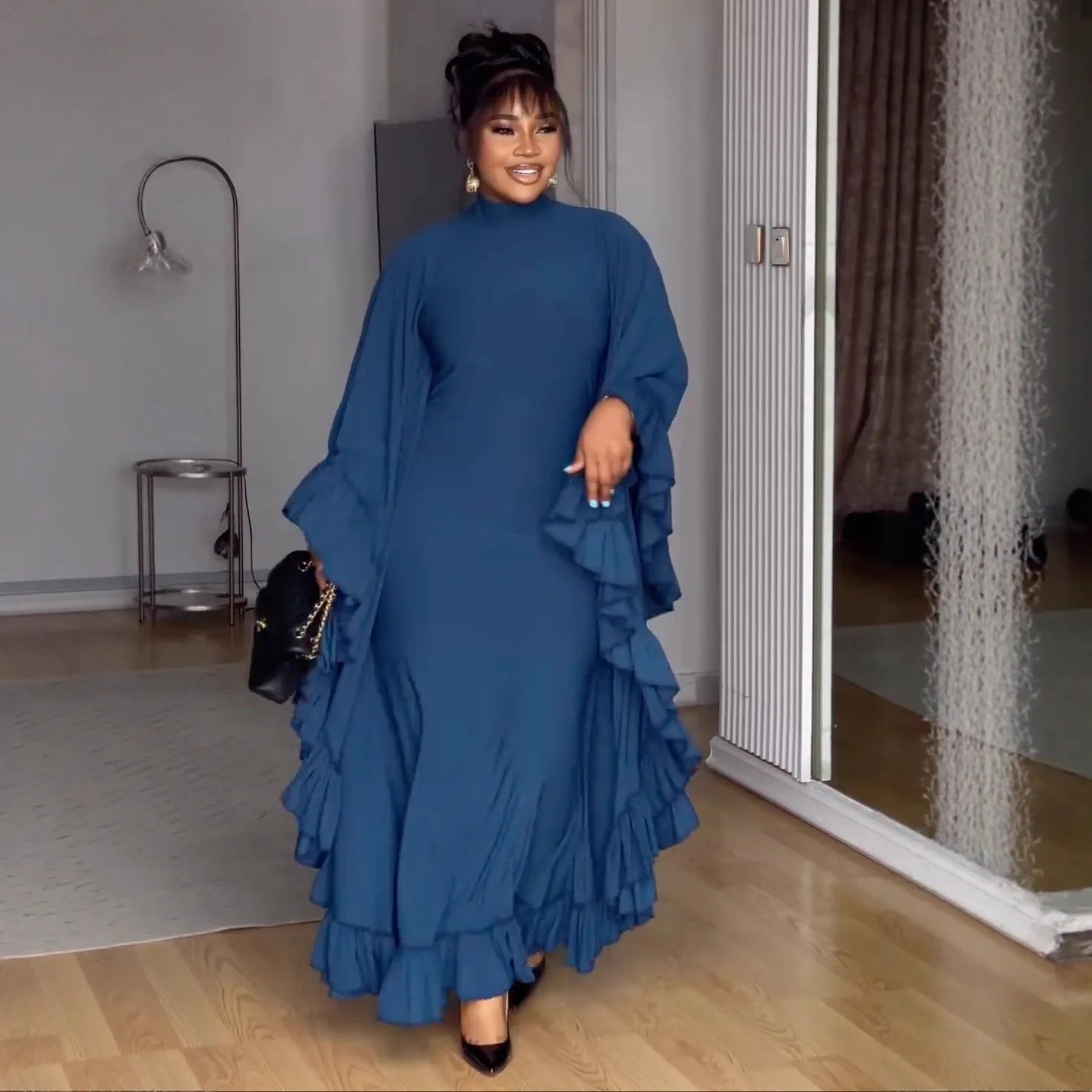 Fashion High Neck Batwing Sleeve Long Dress