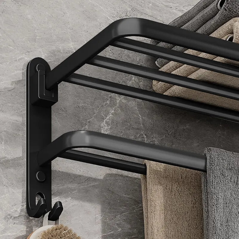 Matte Black Folding Towel Rack with Hook – 50cm