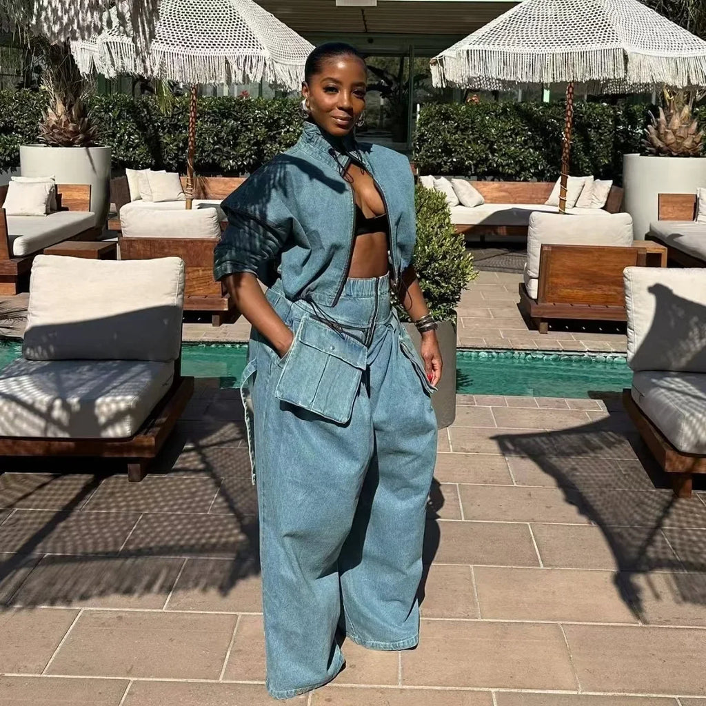 Retro Denim 2 Piece Set – Wide Leg Pants & Top