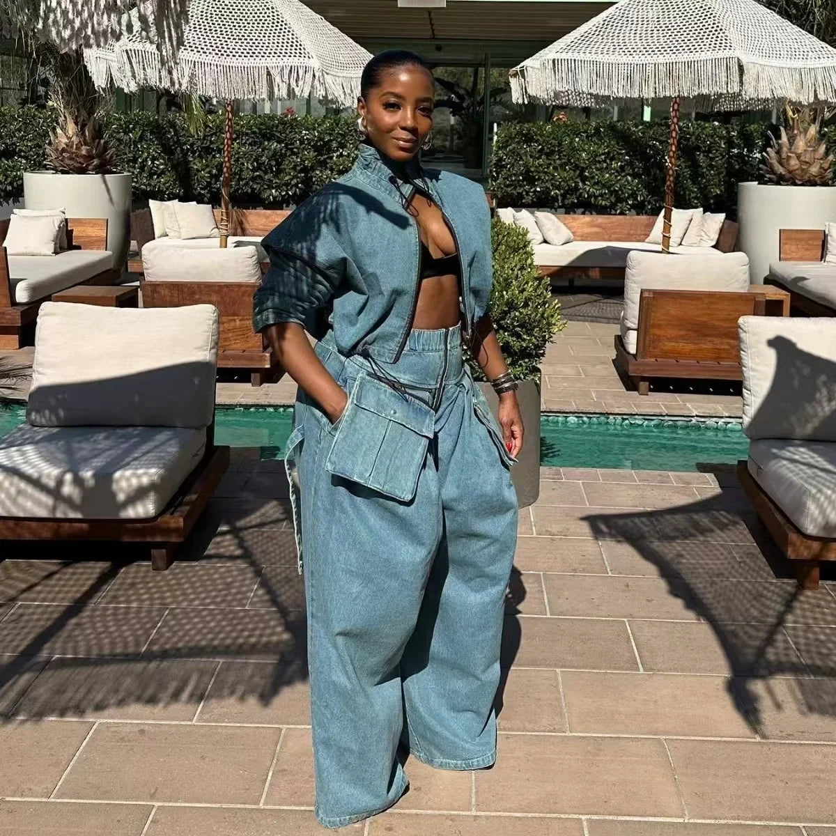 Retro Denim 2 Piece Set – Wide Leg Pants & Top