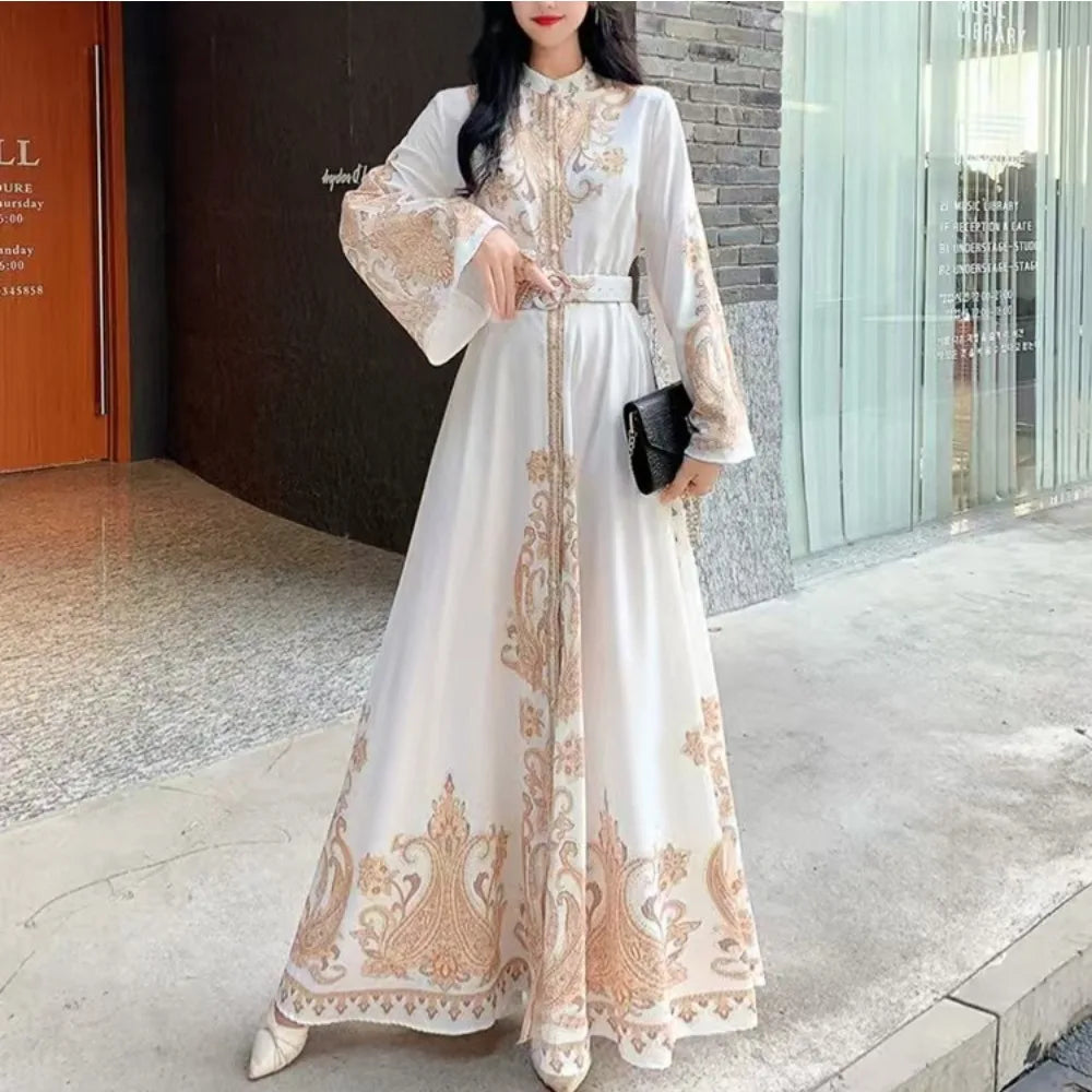 Chic Printed Maxi Dress – Flowy Sleeve & Belt Style
