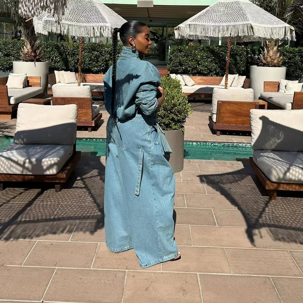 Retro Denim 2 Piece Set – Wide Leg Pants & Top