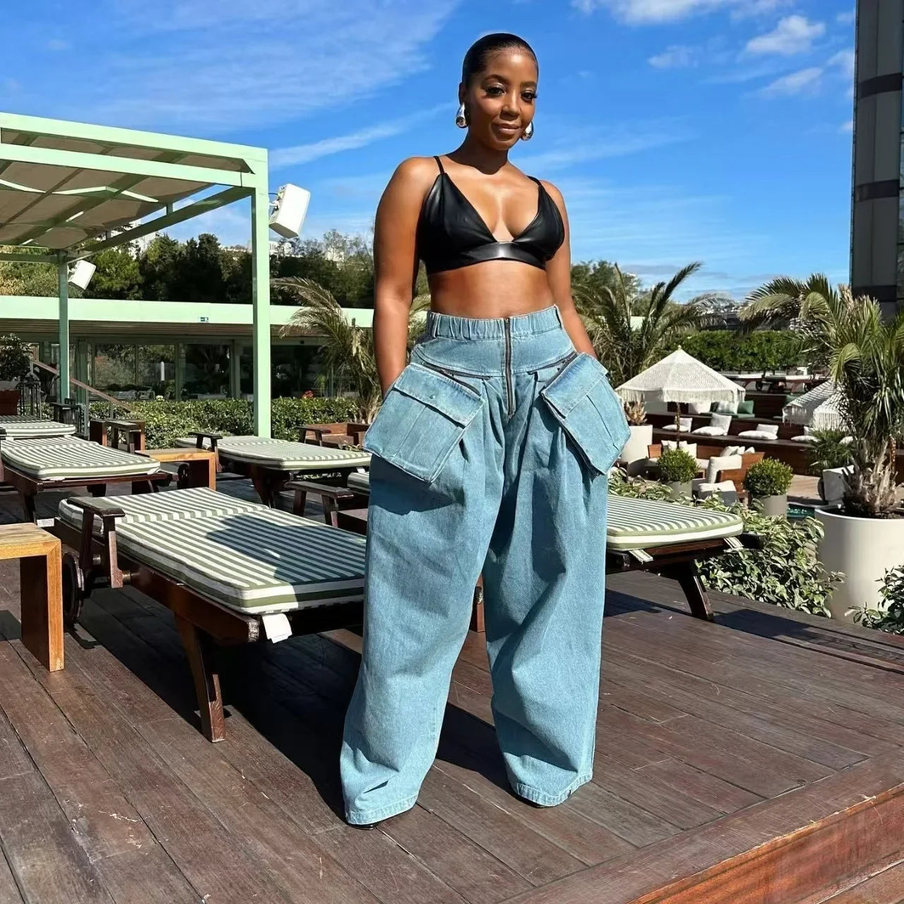 Retro Denim 2 Piece Set – Wide Leg Pants & Top