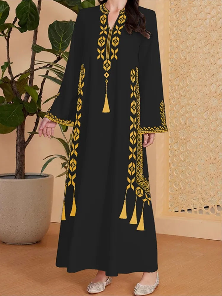Ethnic Print Long Sleeve Maxi Dress