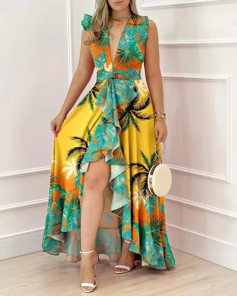 High Waist Sleeveless Midi Dress with Stand Collar