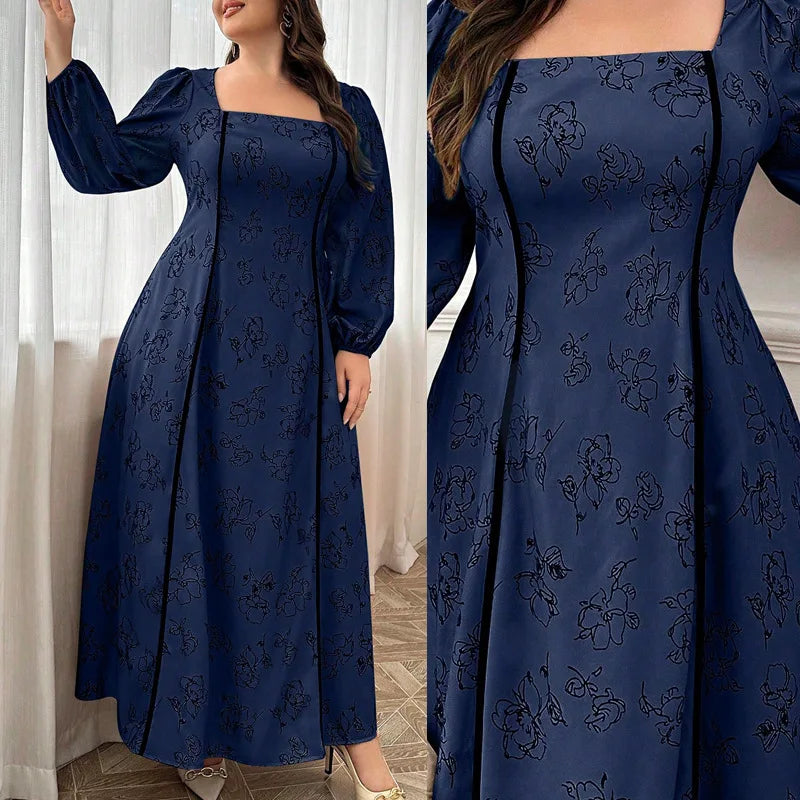 Elegant Blue Square Neck A-Line Maxi Dress