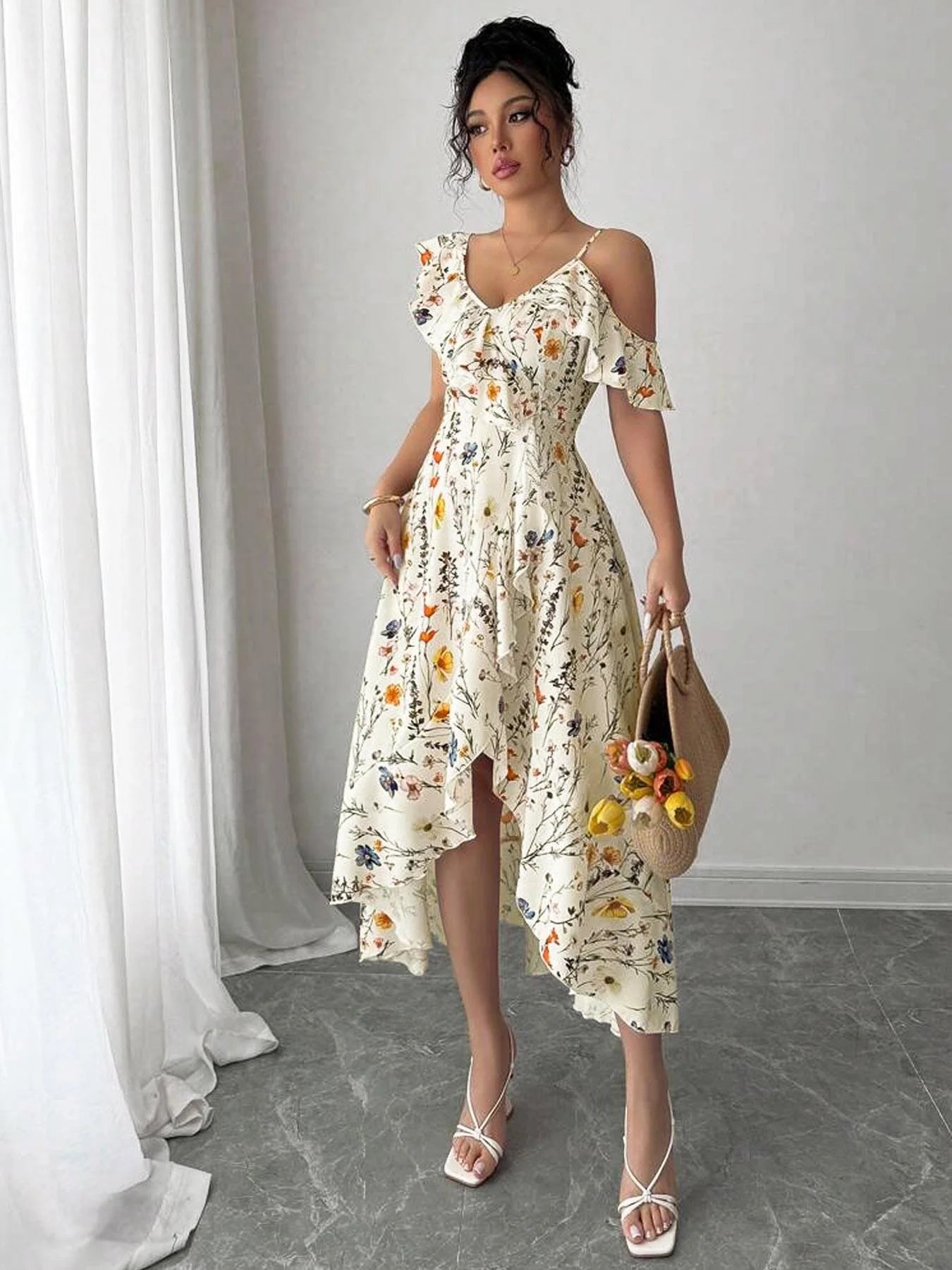 Floral Off-Shoulder Boho Midi Dress – Summer Style