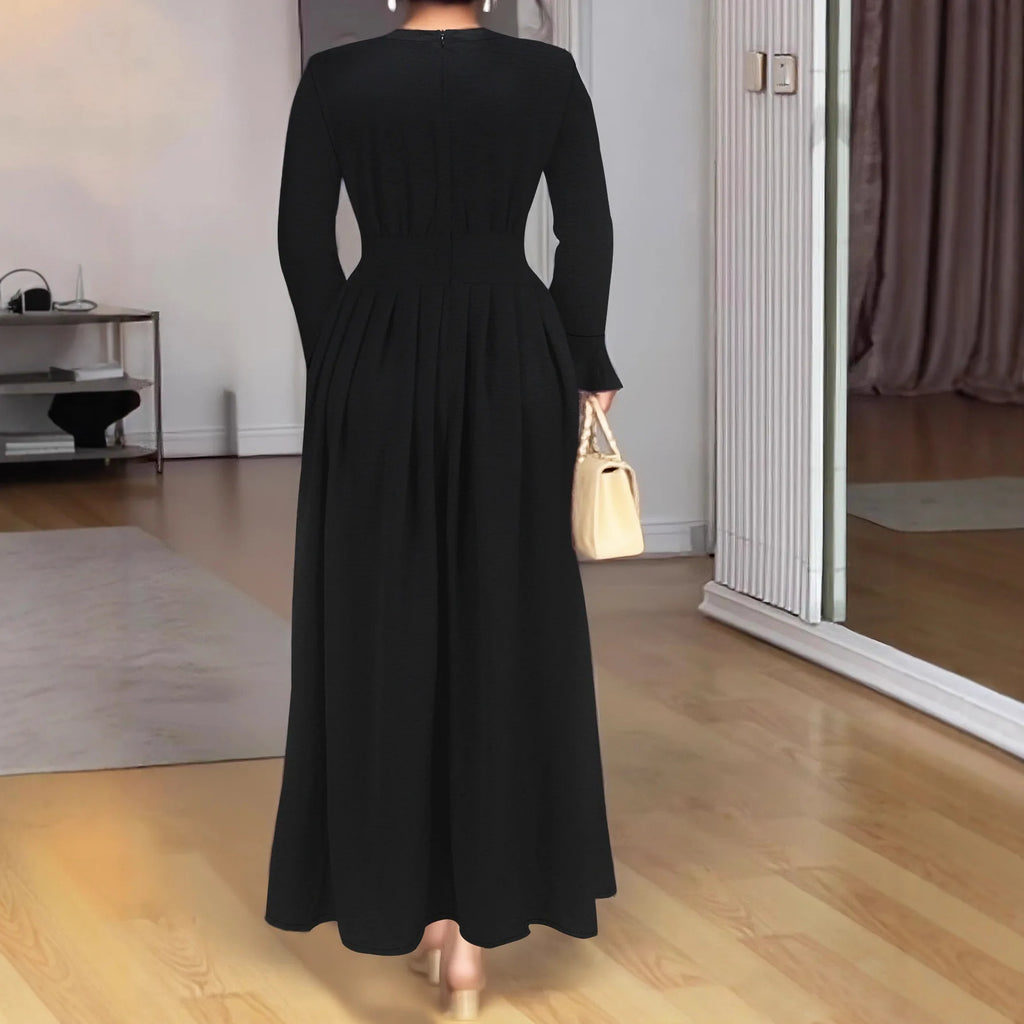 Plus Size Elegant Black Long Sleeve Midi Dress