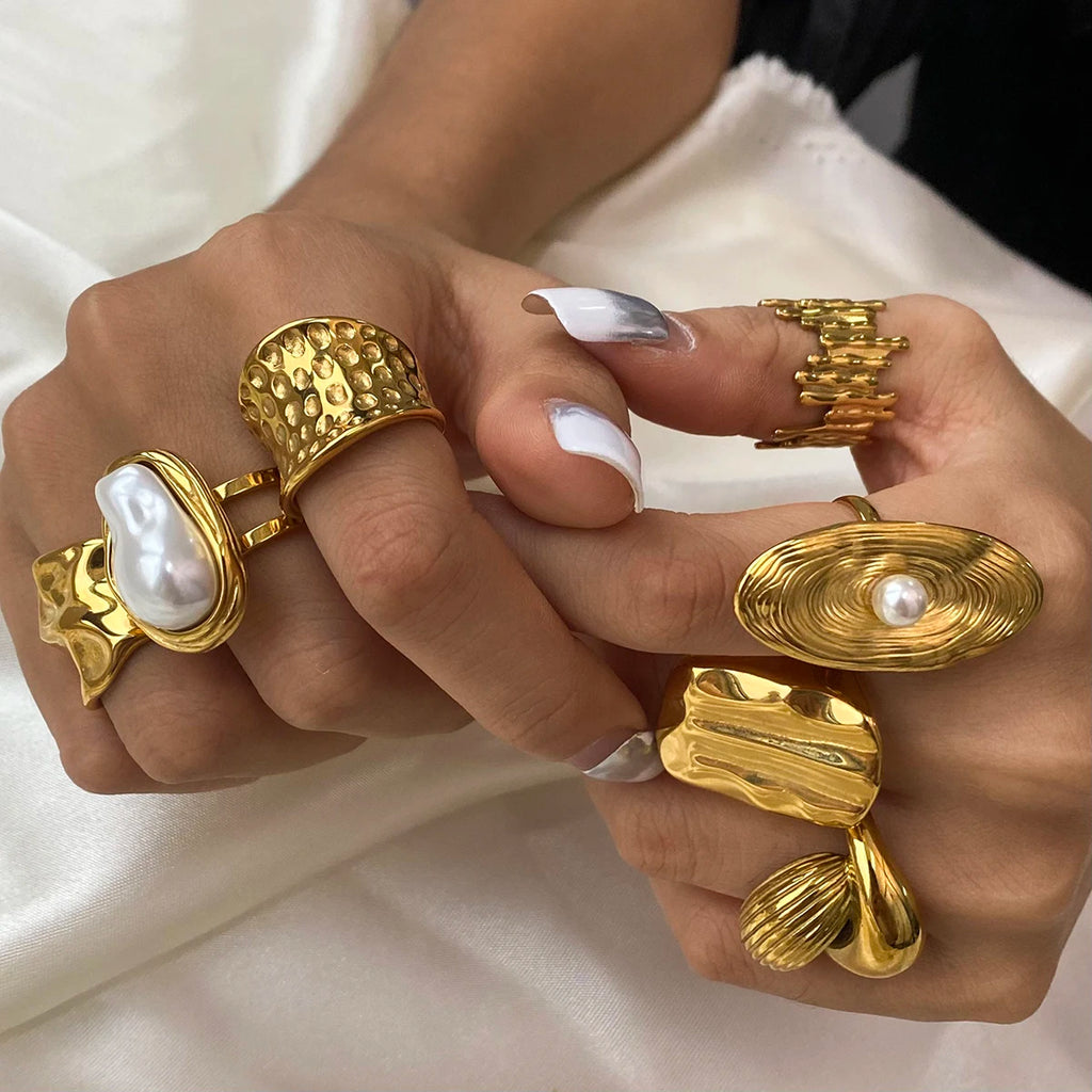 Gold Pearl Leaf Adjustable Ring