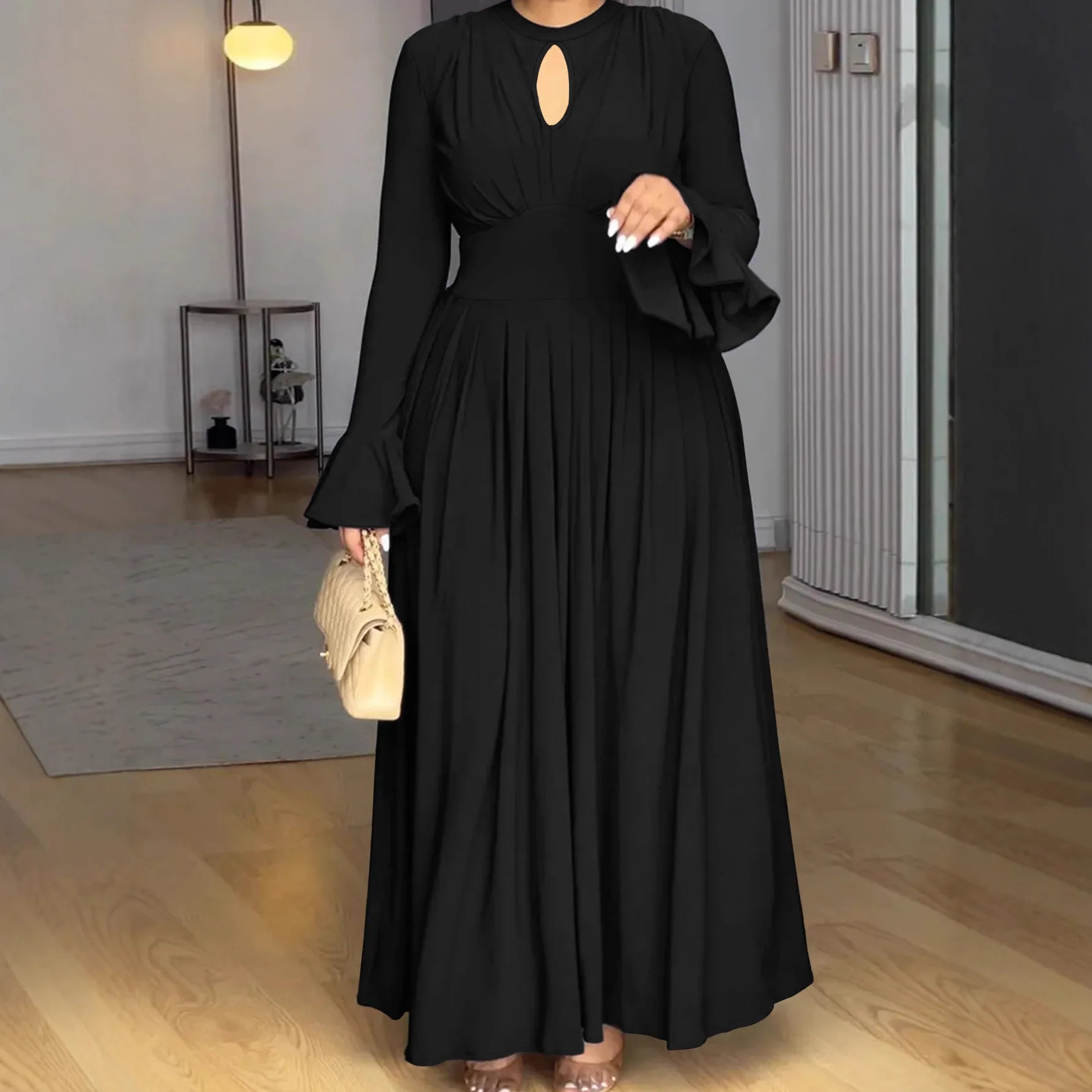 Plus Size Elegant Black Long Sleeve Midi Dress