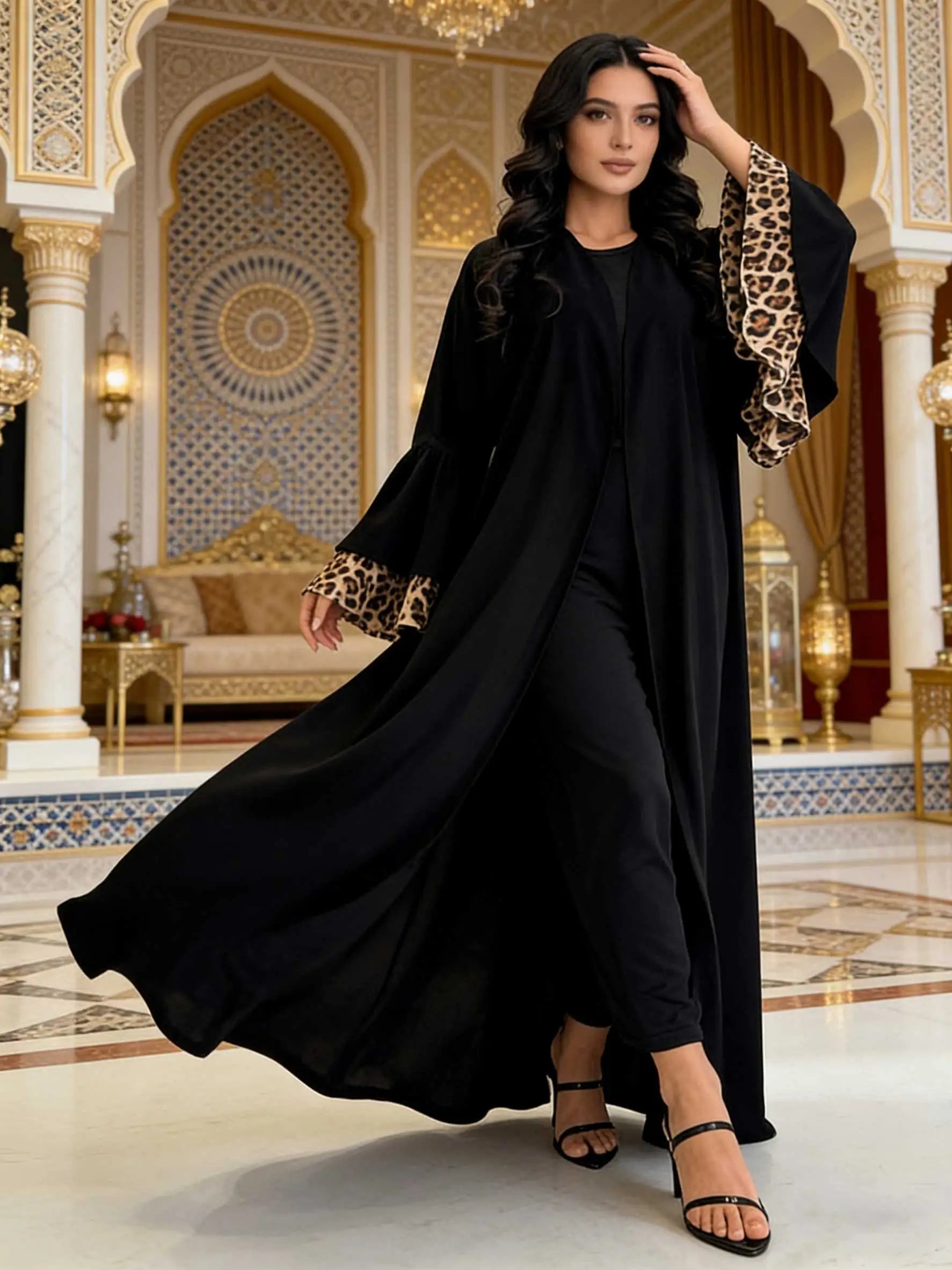 Black Open Abaya with Leopard Print Layered Sleeves