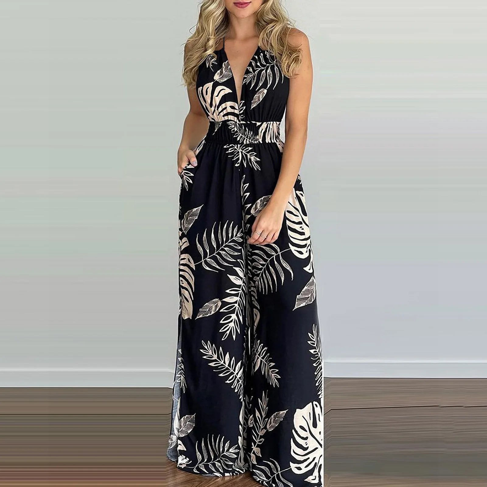 Colorful Printed Sleeveless V-Neck Jumpsuit for Women