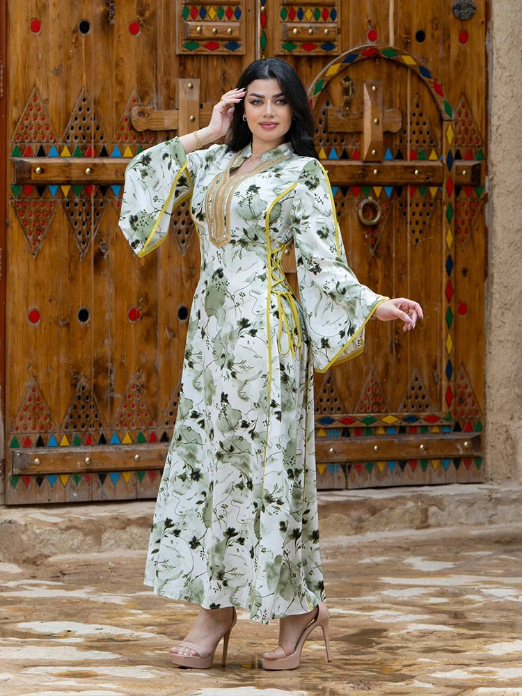 Elegant Printed Slit Maxi Dress with Flared Sleeves