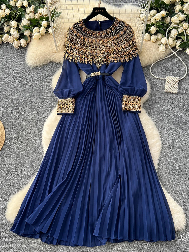 Elegant Sequin Long Sleeve Pleated Maxi Dress