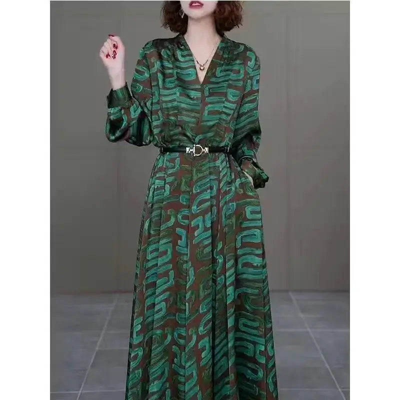 Elegant Satin V-Neck Long Sleeve Midi Dress
