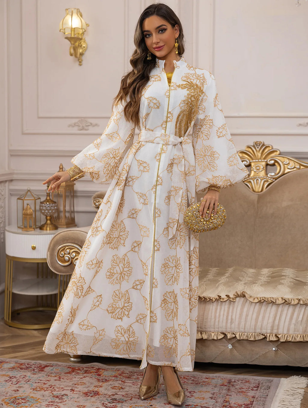 Abaya Blanche Royale Broderie Or