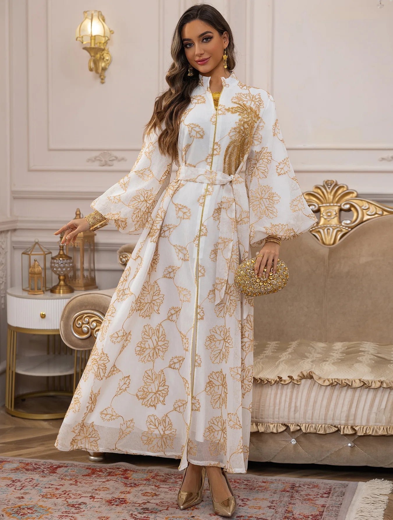 Abaya Blanche Royale Broderie Or