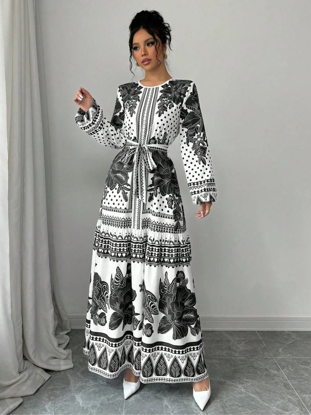 Floral Belted Long Sleeve Midi Dress – Elegant Casual Style