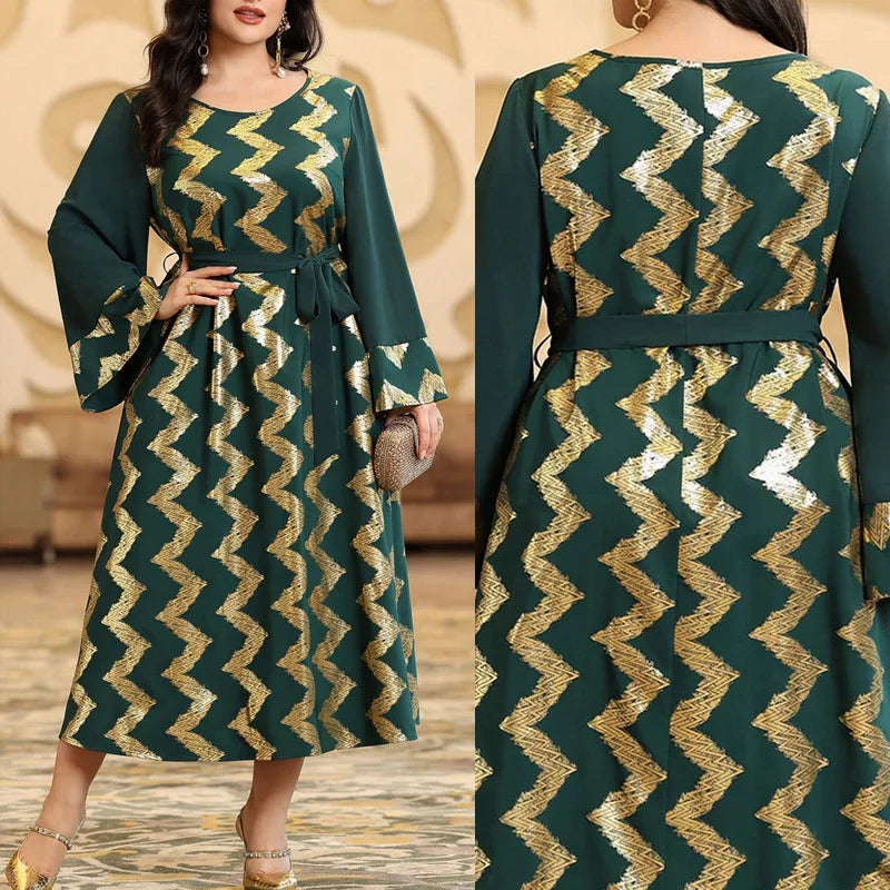 Elegant Plus Size Gold Pattern Maxi Dress