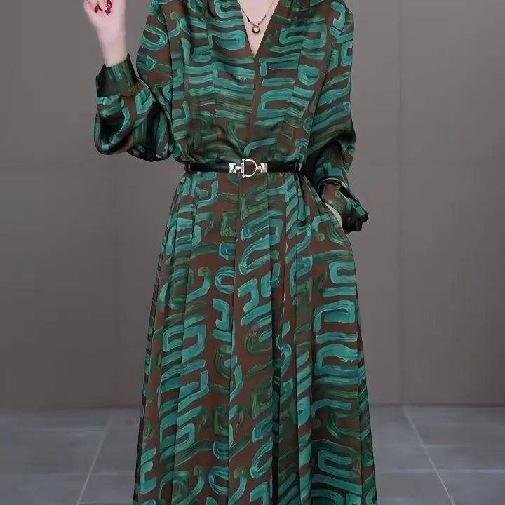 Elegant Satin V-Neck Long Sleeve Midi Dress
