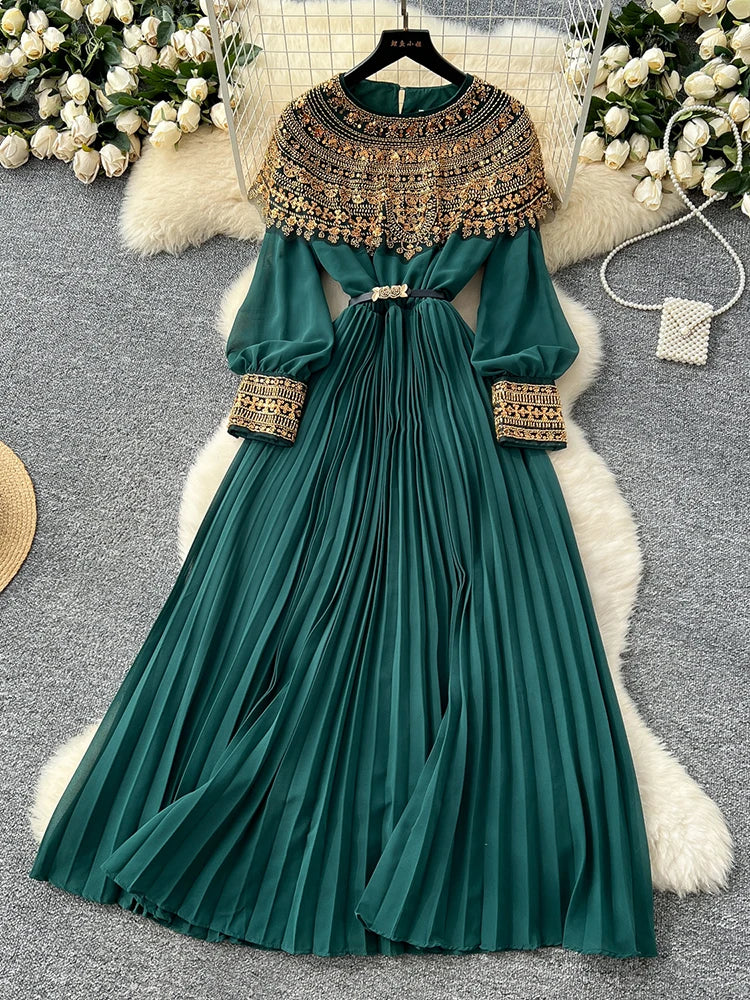 Elegant Sequin Long Sleeve Pleated Maxi Dress