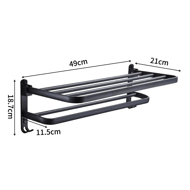 Matte Black Folding Towel Rack with Hook – 50cm