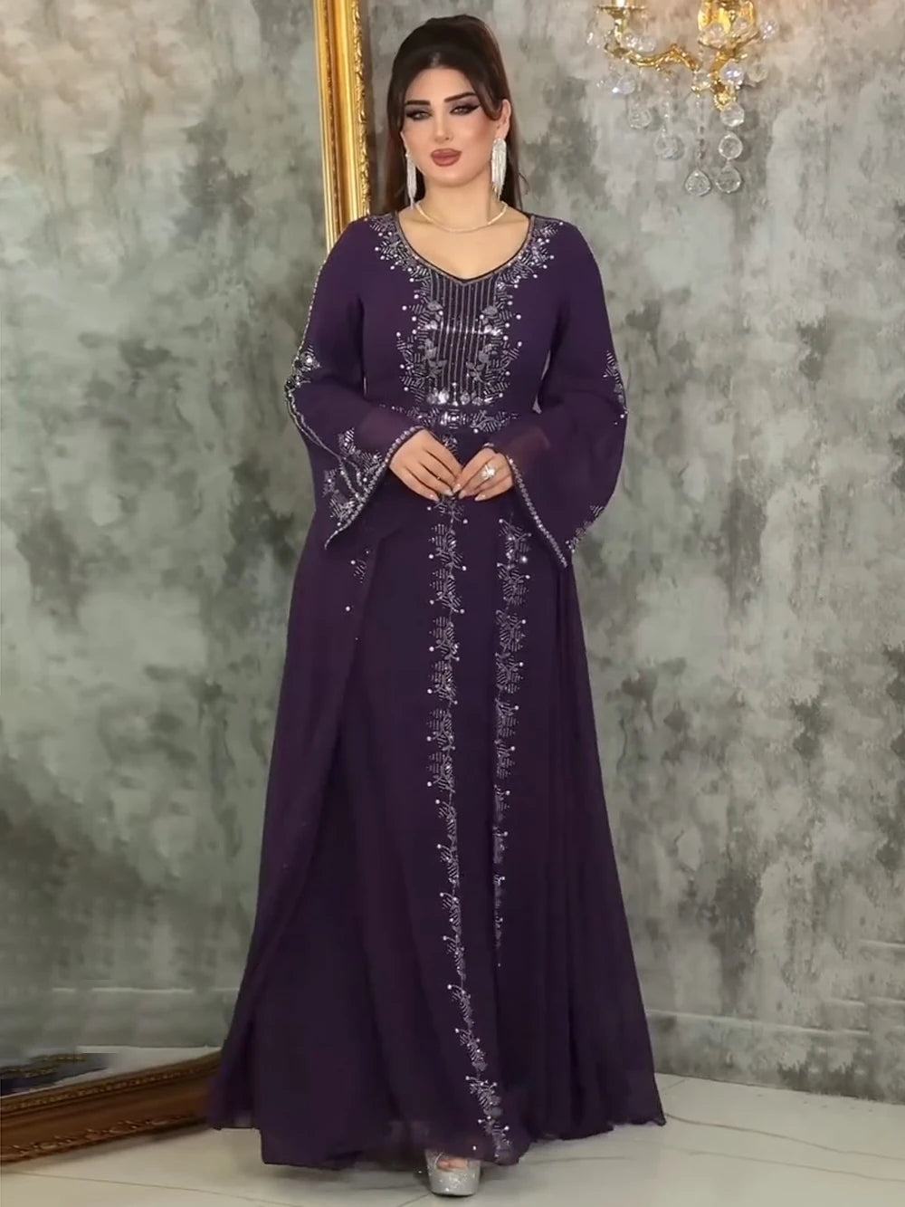 Elegant Ruffle Sleeve Chiffon Evening Dress