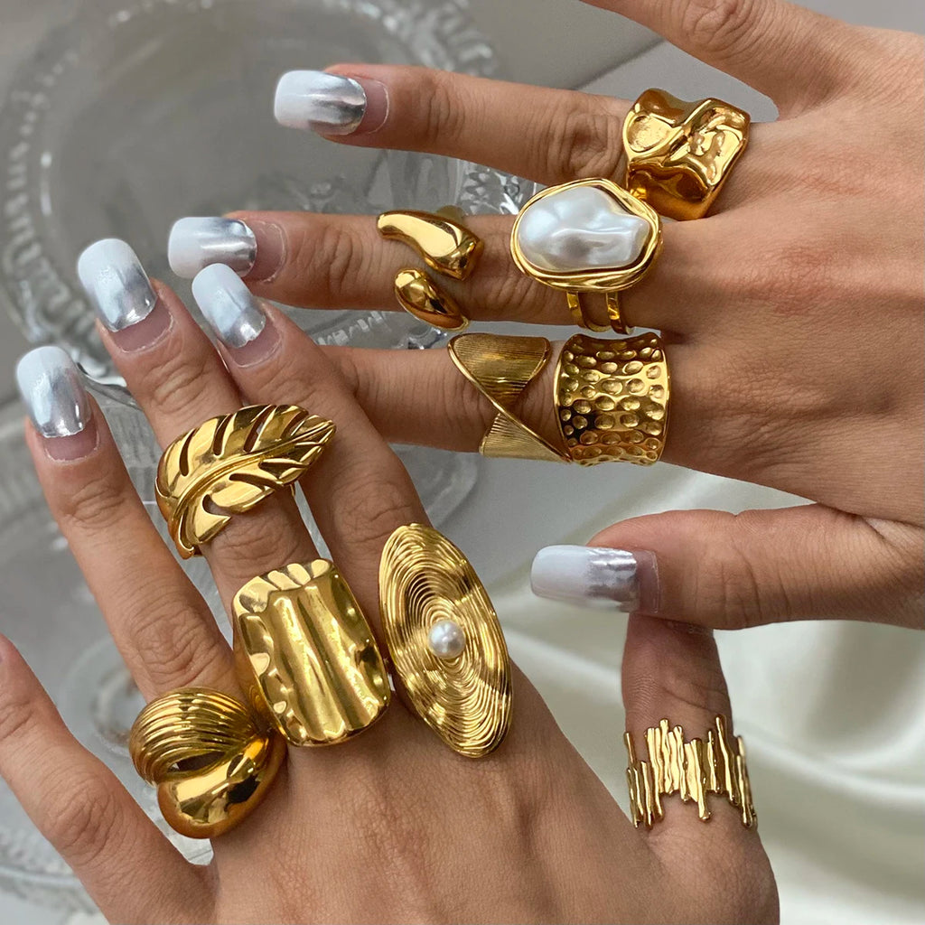 Gold Pearl Leaf Adjustable Ring