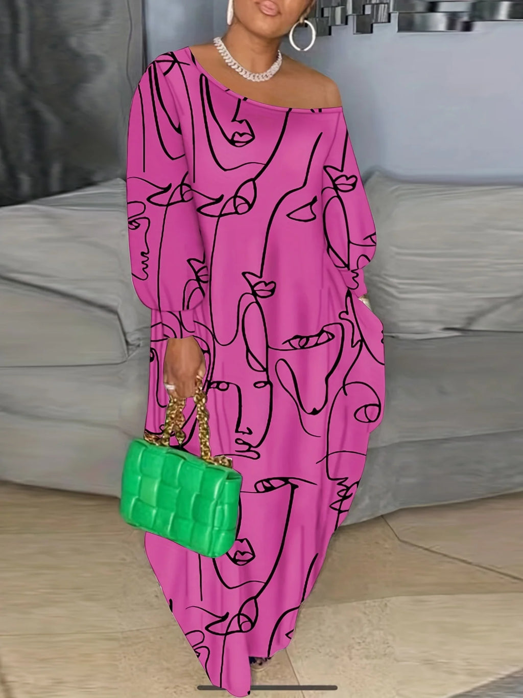 Plus Size One Shoulder Abstract Print Maxi Dress