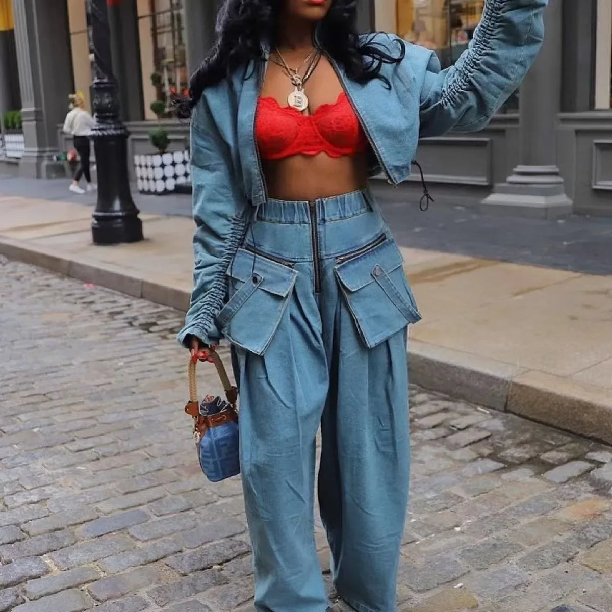 Retro Denim 2 Piece Set – Wide Leg Pants & Top