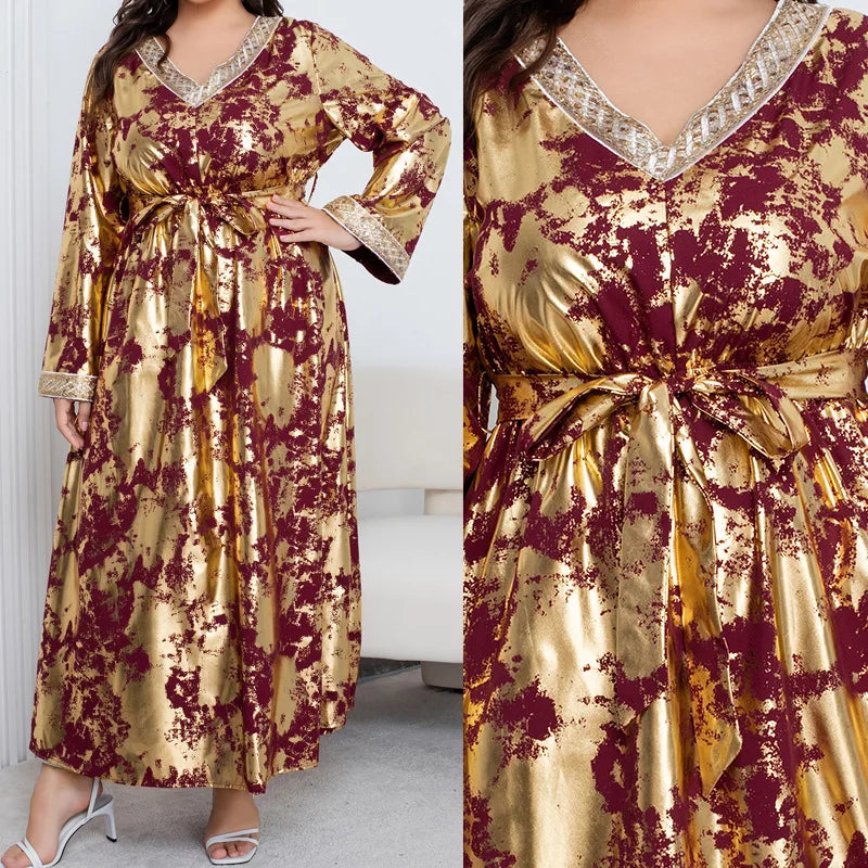 Plus Size Elegant V-Neck Long Sleeve Embossed Maxi Dress with Belt