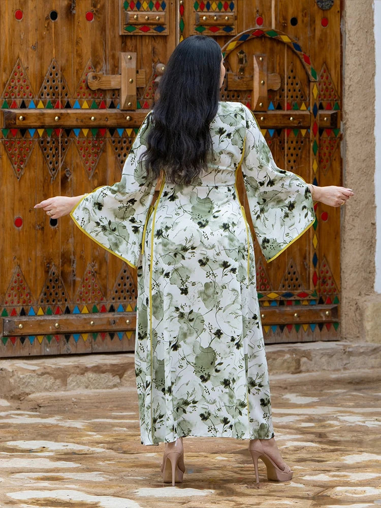Elegant Printed Slit Maxi Dress with Flared Sleeves