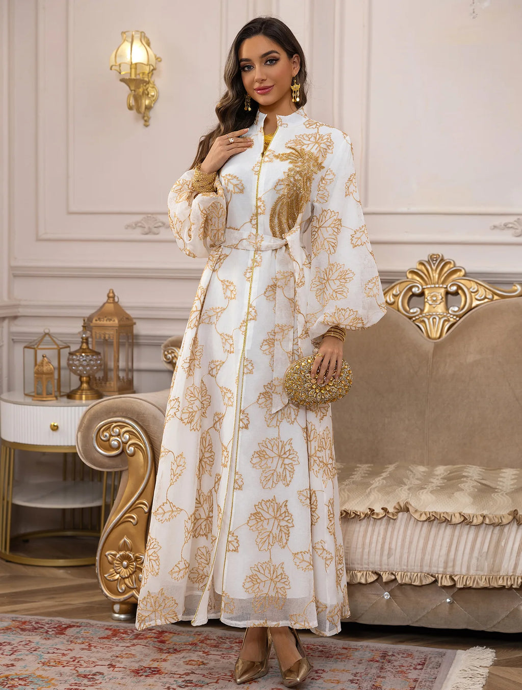 Abaya Blanche Royale Broderie Or