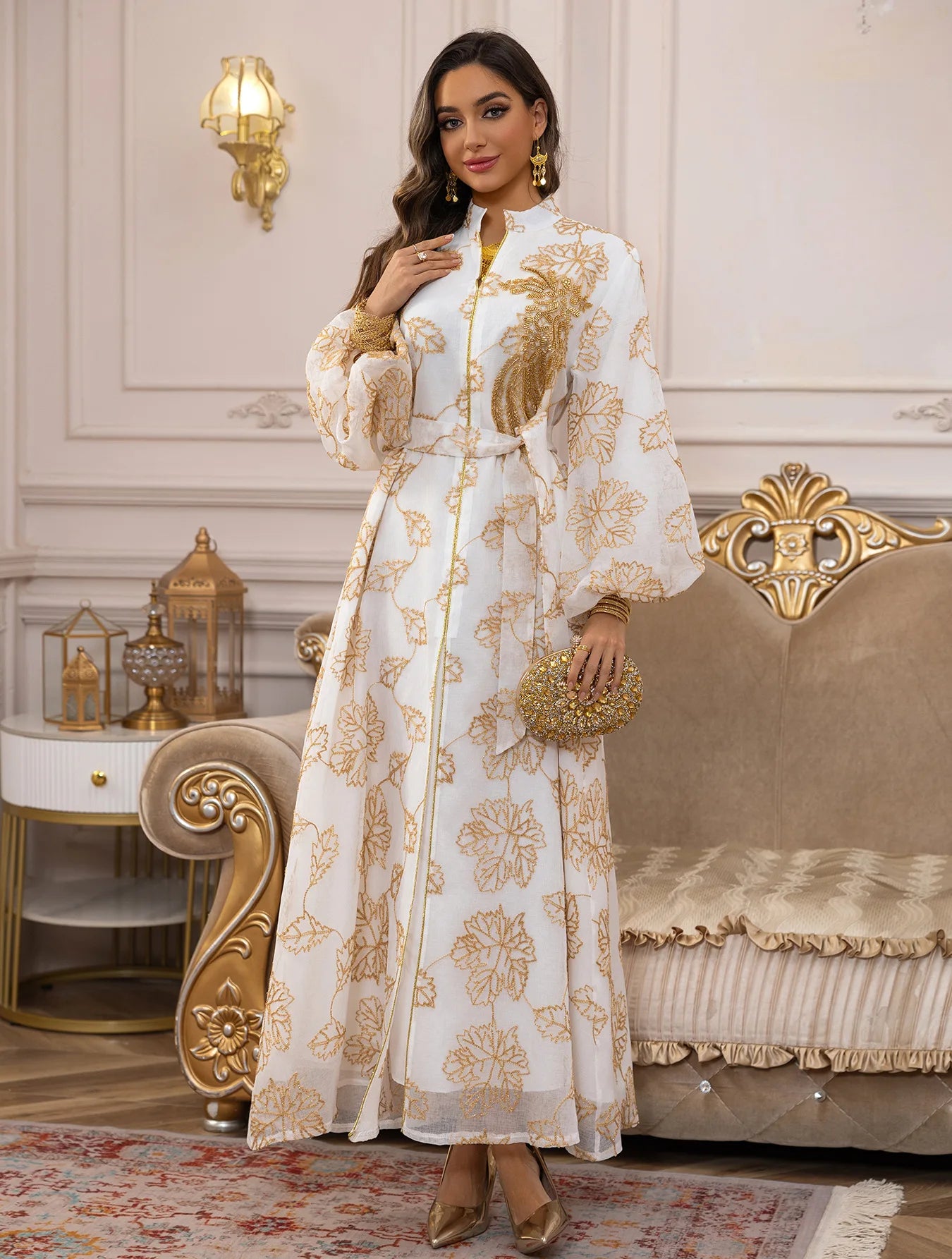 Abaya Blanche Royale Broderie Or