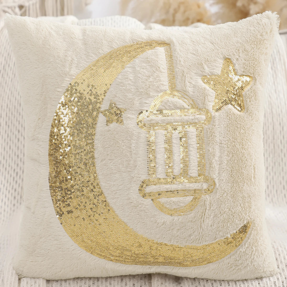 Housse de Coussin Ramadan Luxe – Croissant & Étoiles Dorés