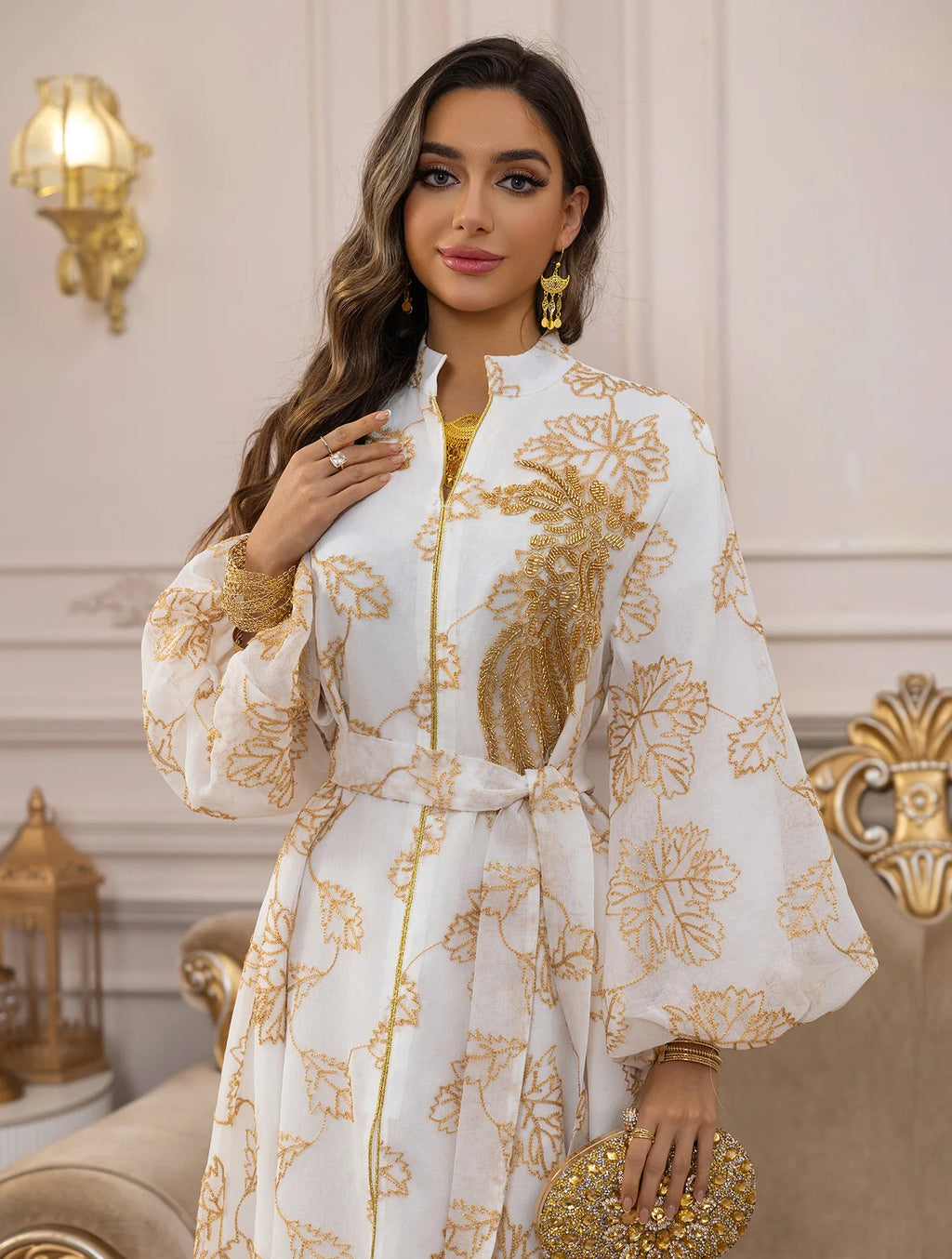 Abaya Blanche Royale Broderie Or