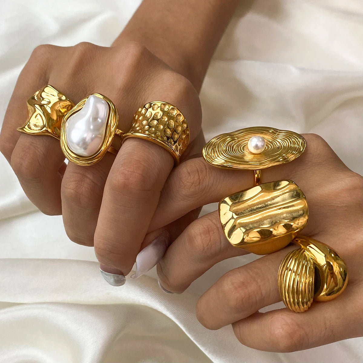 Gold Pearl Leaf Adjustable Ring