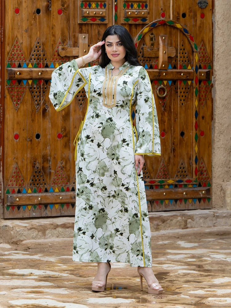 Elegant Printed Slit Maxi Dress with Flared Sleeves