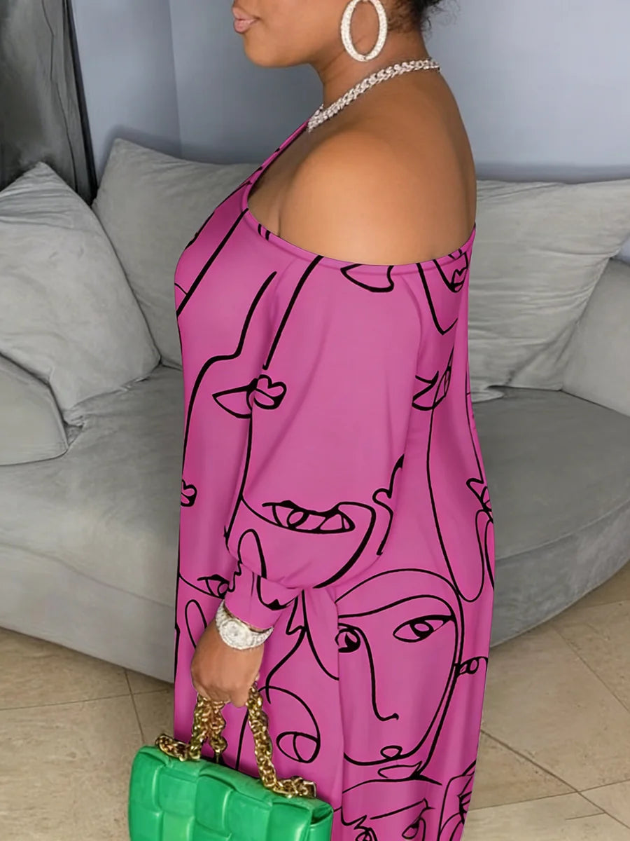 Plus Size One Shoulder Abstract Print Maxi Dress