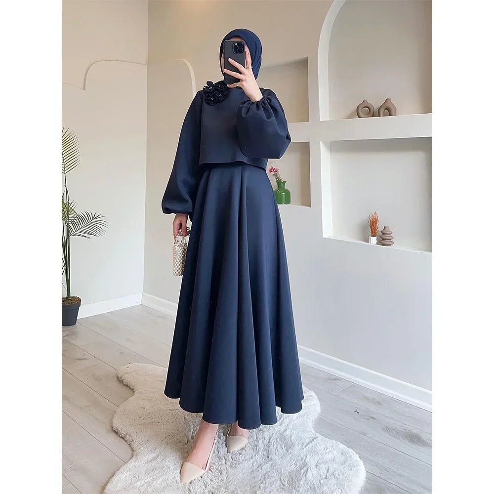 Elegant 2 Piece Skirt Set – Lantern Sleeve Top