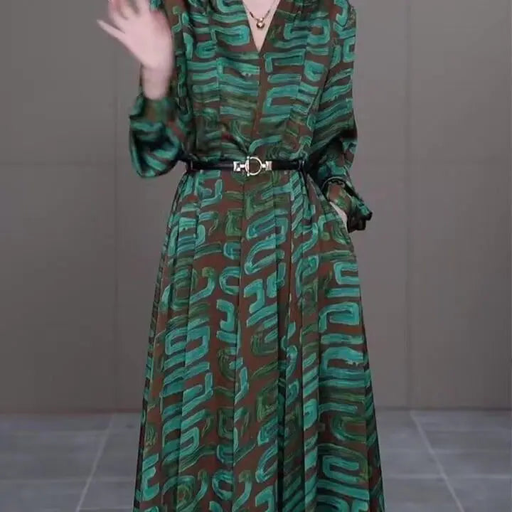 Elegant Satin V-Neck Long Sleeve Midi Dress