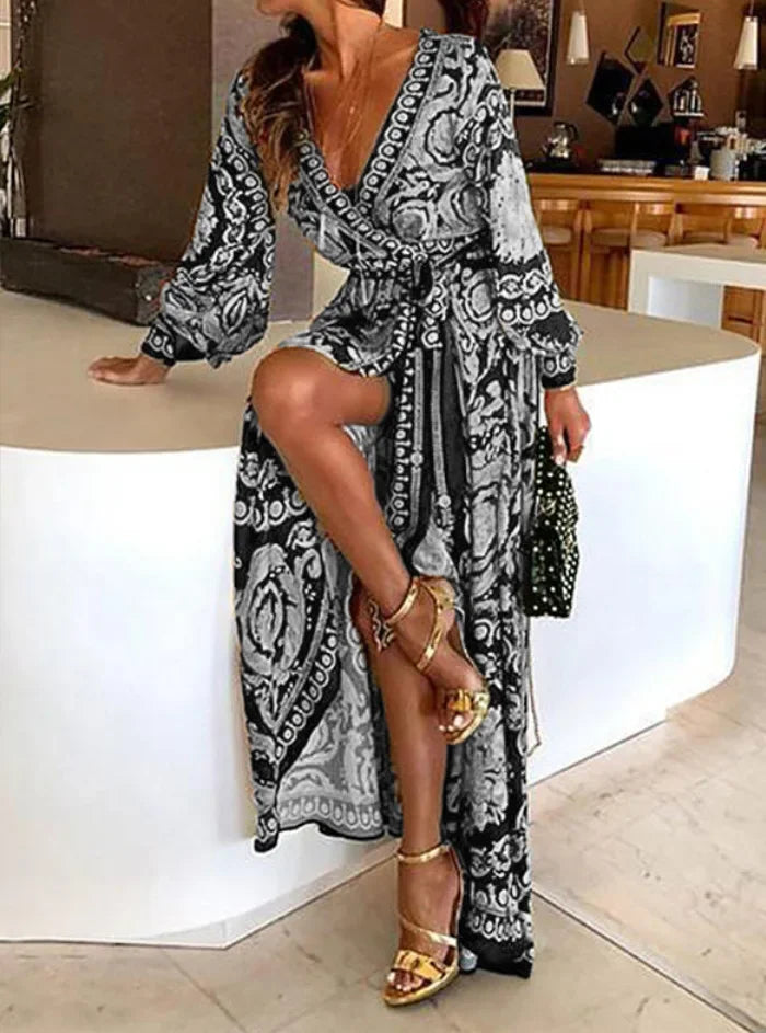 Elegant V-Neck Long Sleeve Side Slit Dress