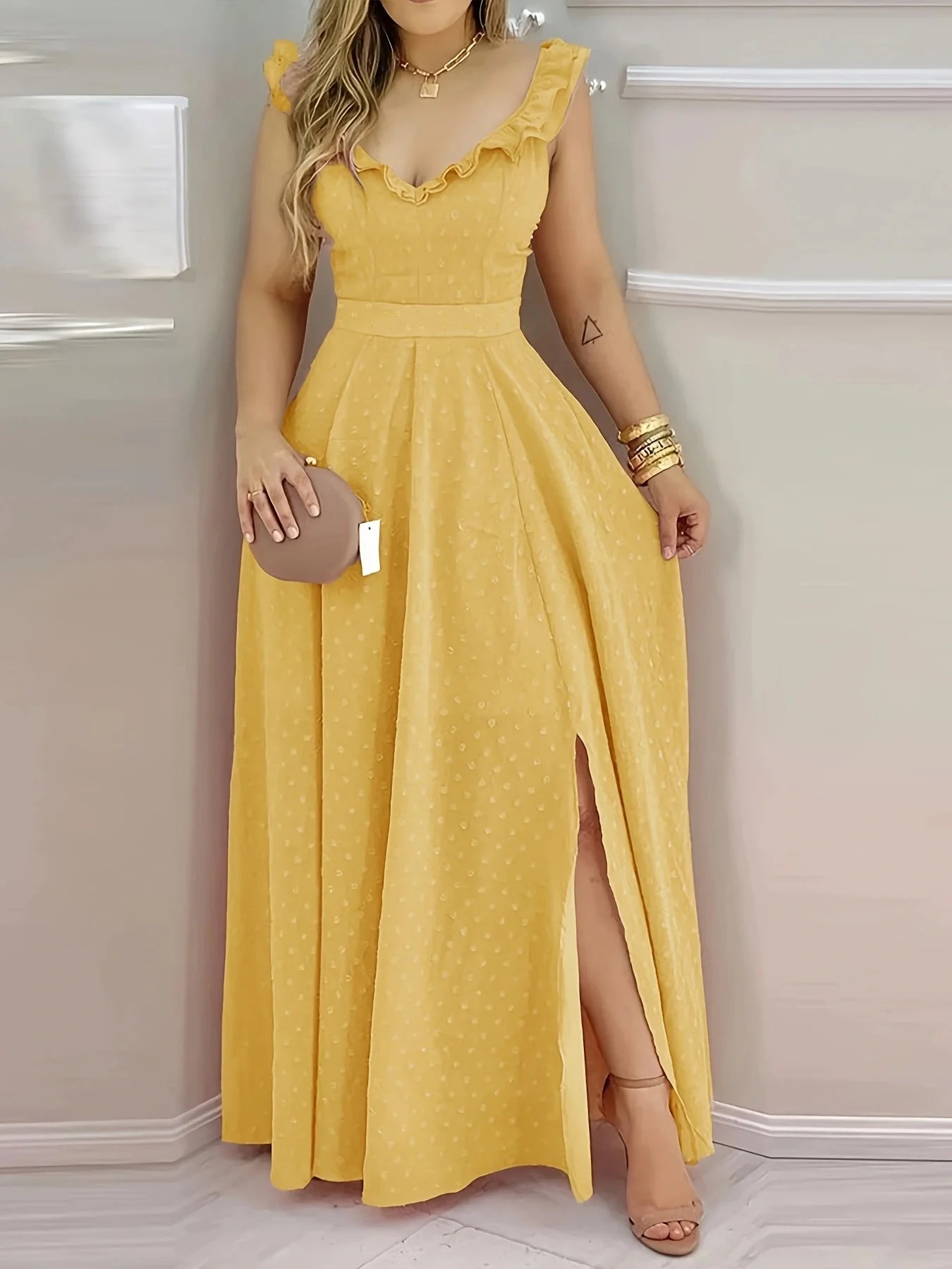 Yellow Polka Dot Maxi Dress with Ruffle Neck & Side Slit