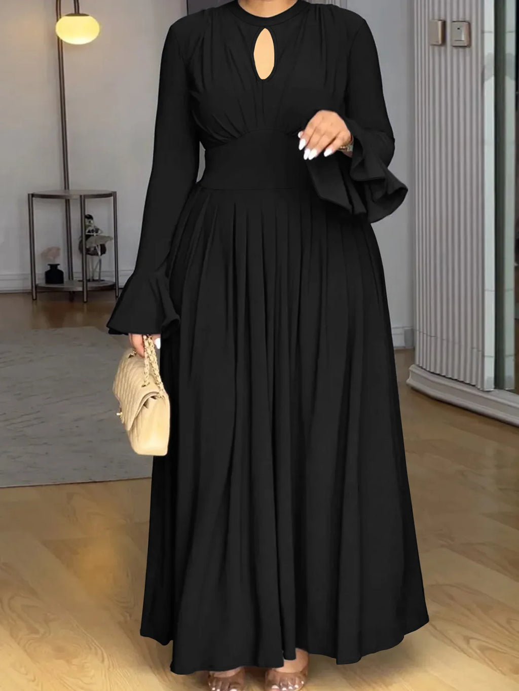 Plus Size Elegant Black Long Sleeve Midi Dress