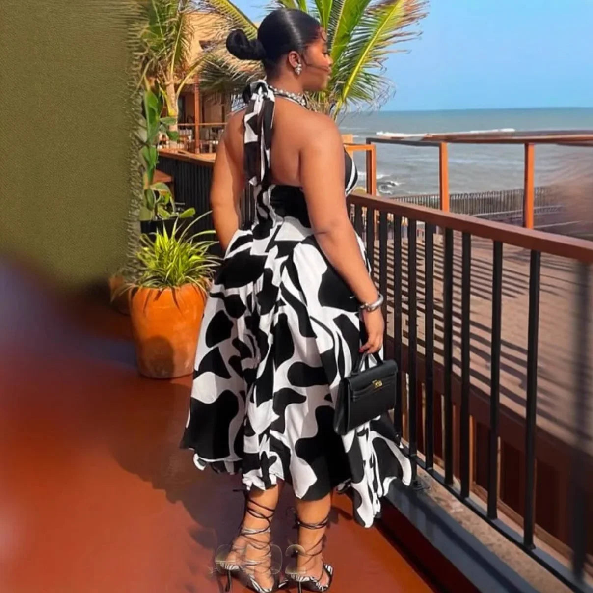 Off-Shoulder Printed Midi Dress – Strapless Sleeveless Style