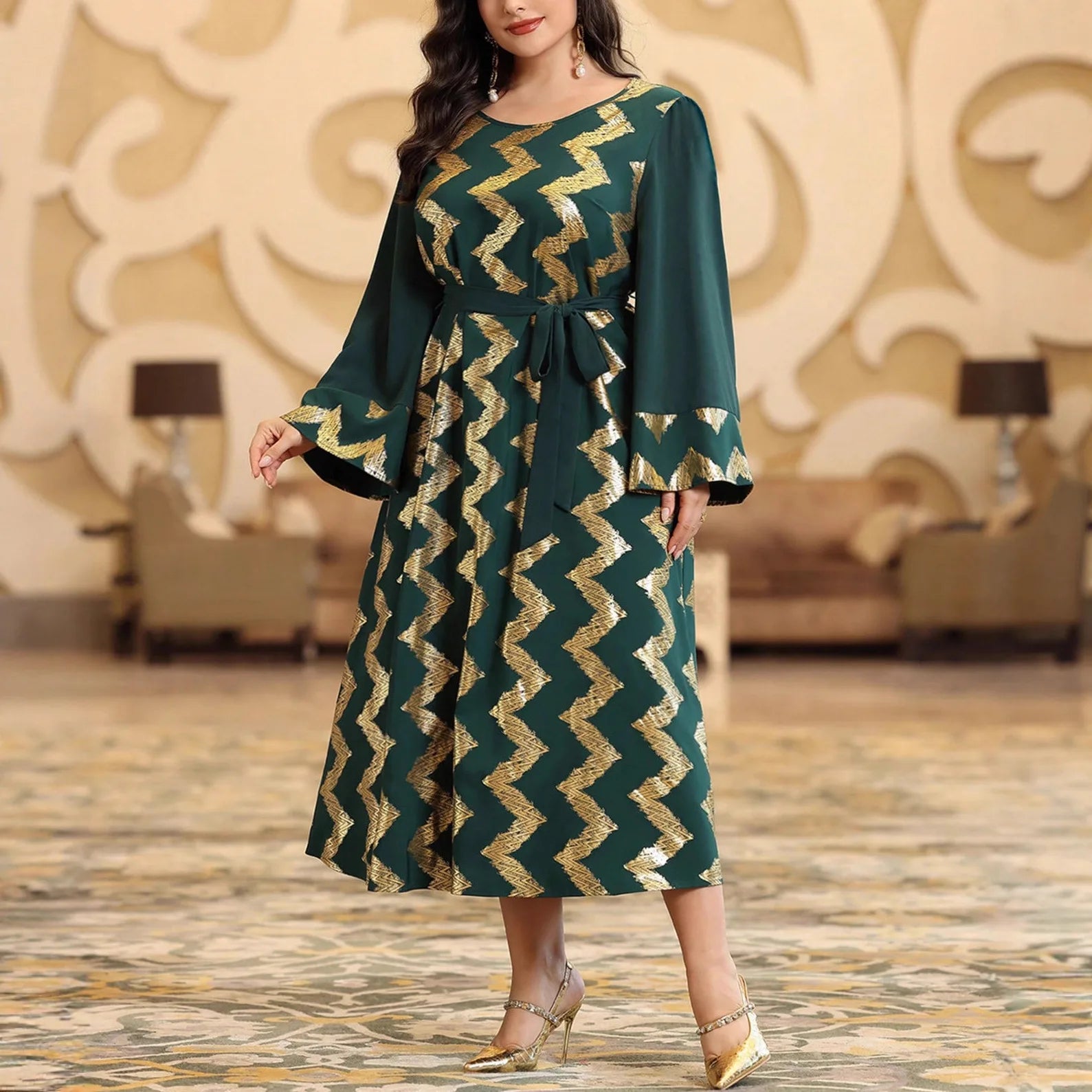 Elegant Plus Size Gold Pattern Maxi Dress